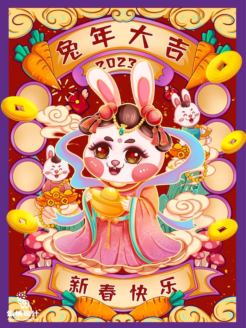 2023兔年新年春节节日节庆海报模板PSD分层设计素材【036】